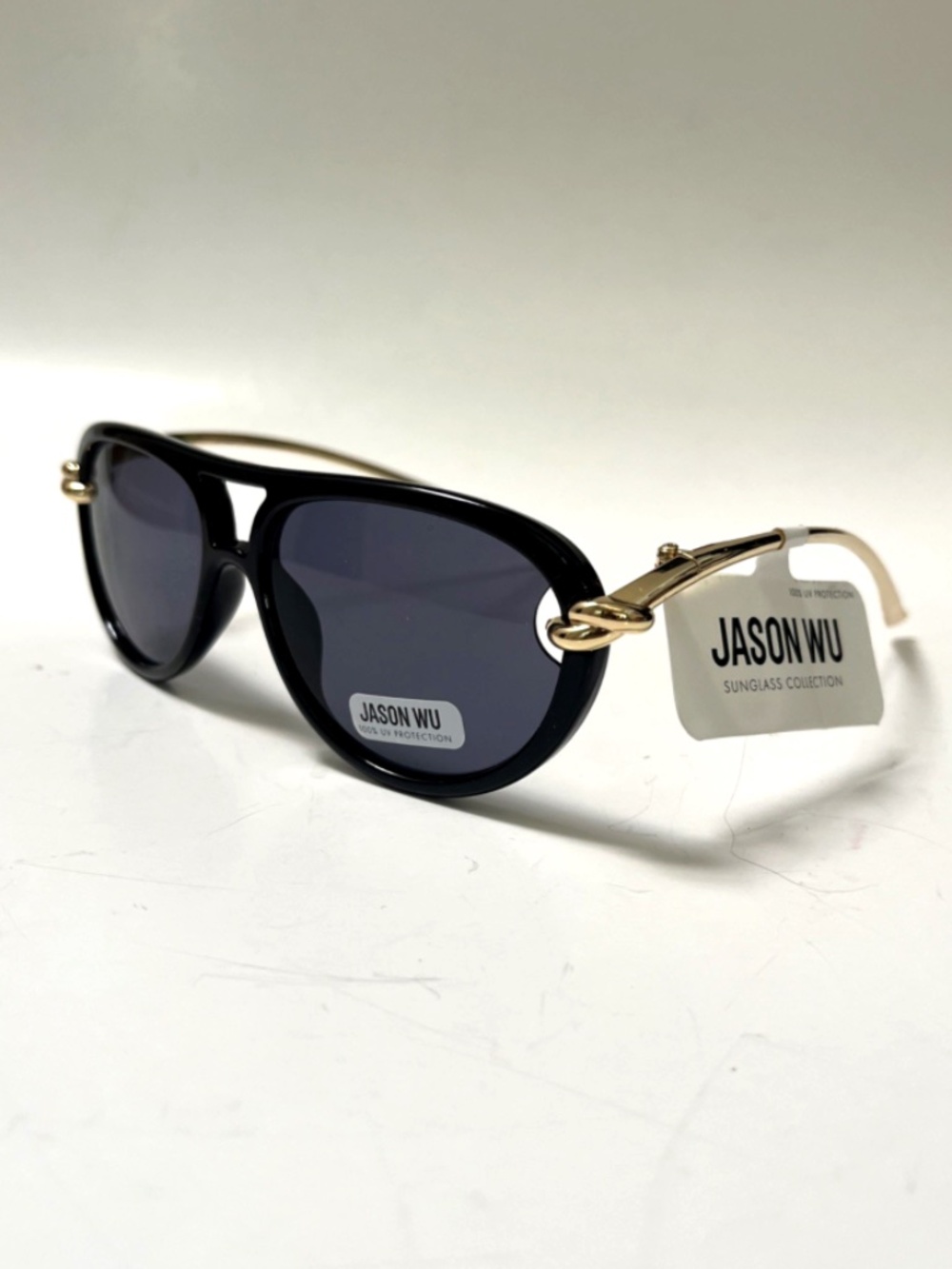 NWT JASON WU Double Bridge Aviator Sunglasses Black Gold Curved Legs